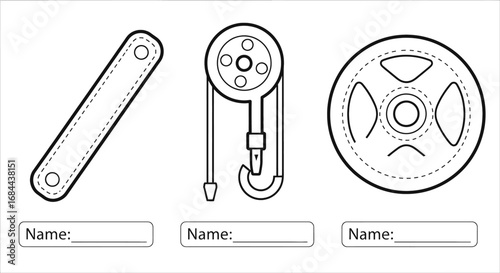 Vector art of black and white line art illustration of gym equipment for coloring page