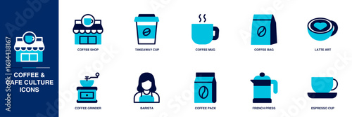 Coffee and Cafe Culture Blue Colored Outline Icon Set