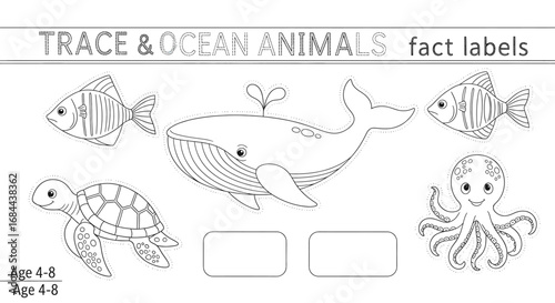 Vector art of trace and color ocean animals fact labels worksheet for kids