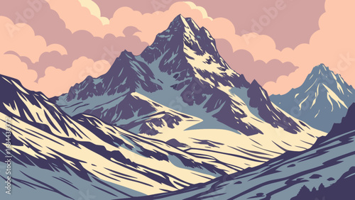 Mountain landscape vector illustration with snow peaks and cloudy sky for outdoor adventure theme design