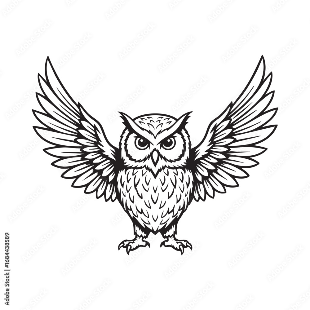 Fototapeta premium Vector art of majestic owl spreading its wings,showcasing intricate feather details and a captivating gaze, embodying wisdom and nocturnal grace