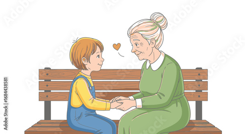 Vector art of grandmother and grandson sitting on a bench holding hands, sharing a moment of love and affection