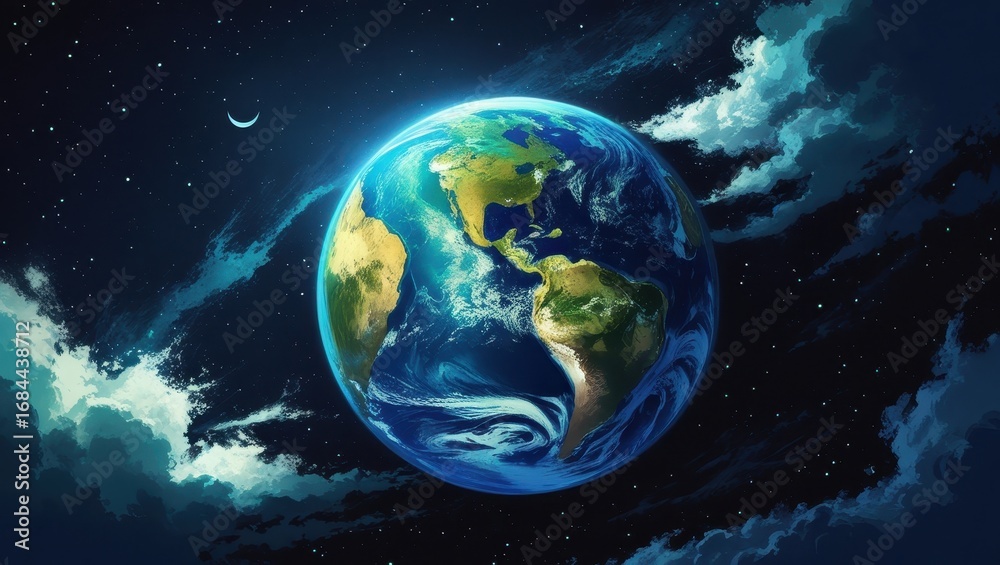 Obraz premium A vibrant depiction of Earth, set against a backdrop of a starlit space, showcases the planet's detailed continents and oceans, with softly painted clouds.