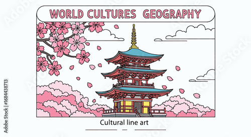 Vector art of cultural line art of a pagoda with cherry blossom, perfect for world cultures and geography lessons