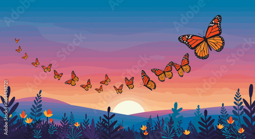 This elegant flat design illustration portrays a majestic migration of monarch butterflies, subtly patterned with Día de los Muertos motifs, symbolizing the journey of ancestral spirits