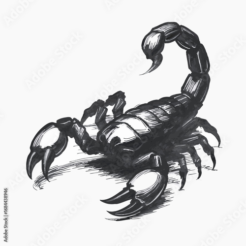 Black scorpion ink drawing illustration on white background.