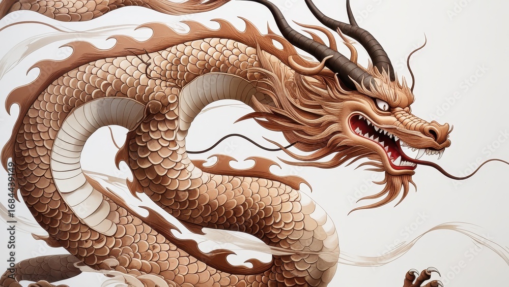 Obraz premium A detailed illustration of a majestic dragon, with intricate scales and a powerful stance, set against a plain background.