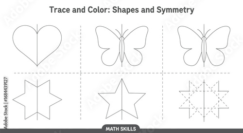 Vector art of trace and color shapes and symmetry themed worksheet for preschool and kindergarten