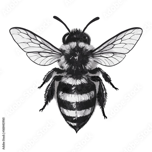 Detailed illustration of a bee with open wings on white background.