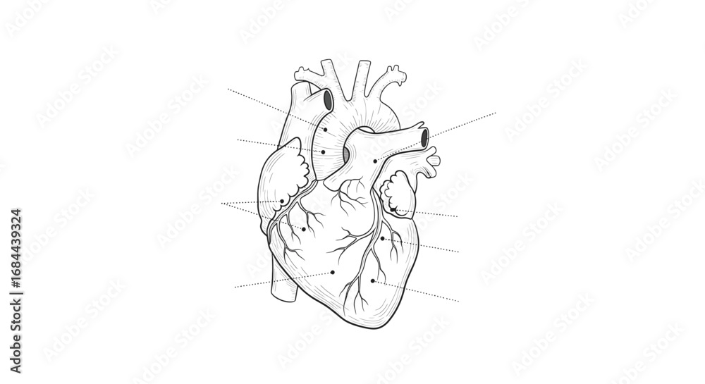 Obraz premium Vector art of detailed anatomical illustration of a human heart, showcasing its internal structure and major vessels