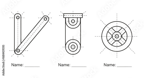 Vector art of technical drawing featuring orthographic projections of mechanical components, showcasing engineering design and precision