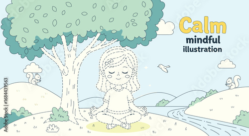 Vector art of a cartoon girl is meditating under a tree in a calm and mindful landscape