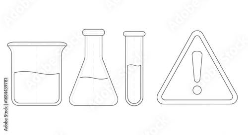 Illustration of laboratory glassware and a warning sign