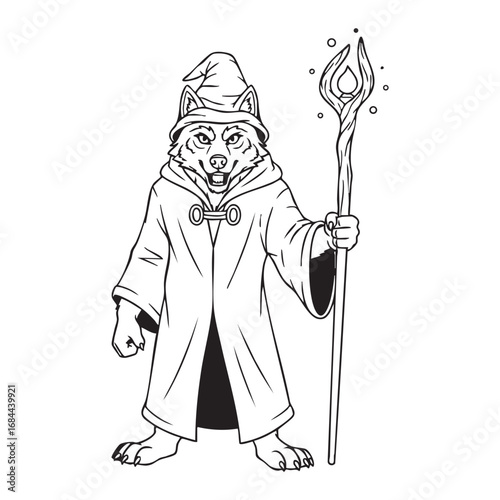 Vector art of a wolf wizard in a robe and hat holds a magical staff,a whimsical character from a fantasy world with a touch of mystique