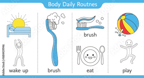Vector art of body daily routines illustration for kids, including wake up, brush, eat, and play