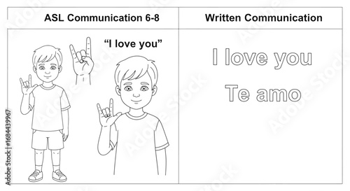 Illustration of asl communication and written translation of i love you