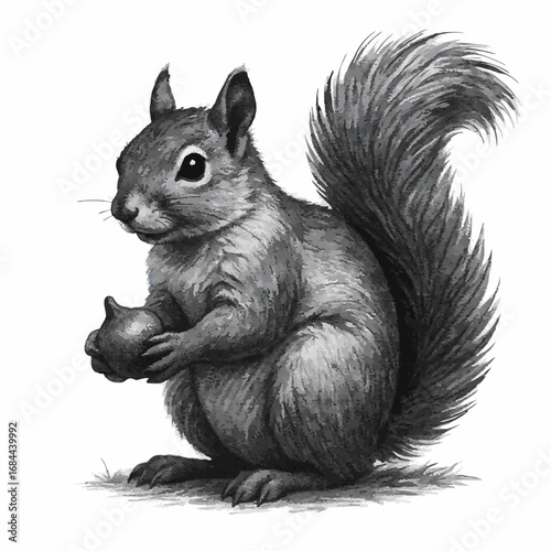Black and White Squirrel Illustration Holding Acorn.