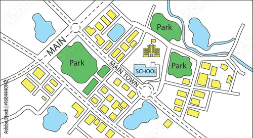 Vector art of a cartoon town map featuring parks, schools, and various buildings, showcasing the layout of a community with streets