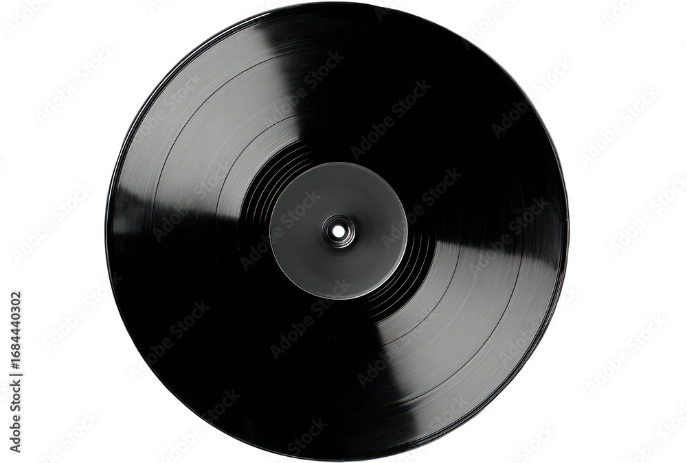 Obraz premium Black vinyl record centered with circular grooves and a shiny, dark surface on a black background, viewed directly from above
