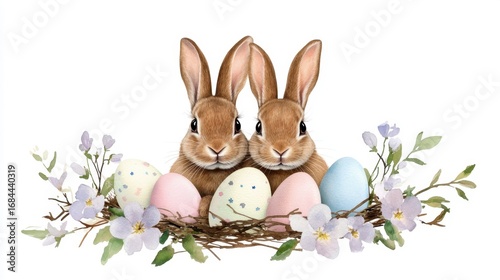 Two Easter bunnies in a nest of spring flowers and eggs, soft watercolor art