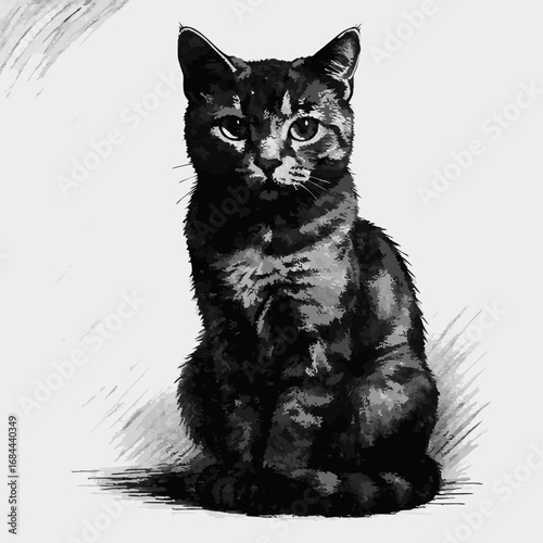 Black and white sketch illustration of a sitting domestic cat.