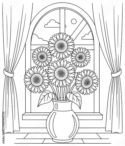 Sunflower vector illustration of a vase bouquet arranged on a windowsill with curtains drawn open and outdoor sky view in elegant floral line art style