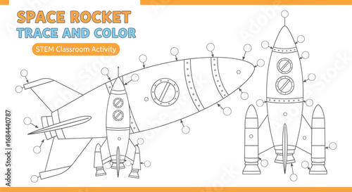Vector art of space rocket trace and color line art drawing for stem classroom activity