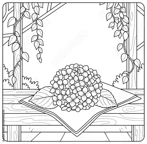 Hydrangea flower vector illustration showing a detailed floral bouquet resting on fabric with leaves and wooden pergola background in elegant botanical line art style