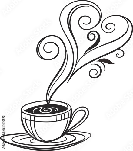 A cozy cafe scene with a hot cup of coffee, a steaming mug of tea, and an espresso with a heart design