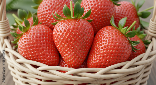 Fresh, ripe strawberries overflowing a woven basket, perfect for summer desserts and healthy eating