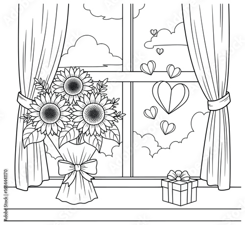 Sunflower bouquet vector illustration with flowers tied in wrapping and ribbon placed on a windowsill beside a gift box, curtains, and decorative hearts in the sky