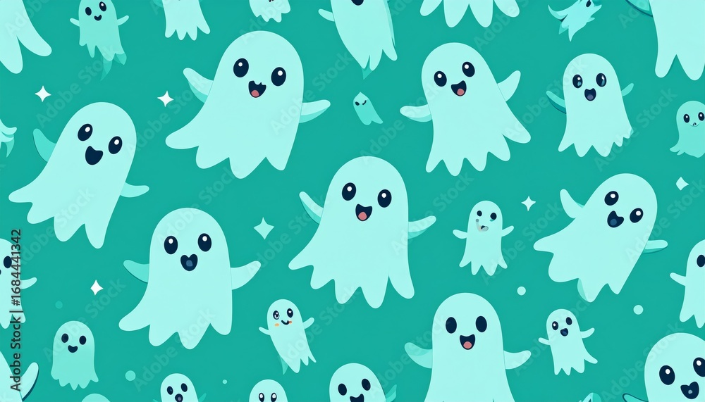 Naklejka premium Cute and funny seamless Halloween pattern with cartoon animal ghosts, cats, and dogs for a fun wallpaper design