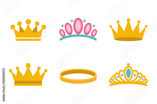 Royal crown and tiara vector collection, golden coronet symbols, jeweled headpiece icons, princess diadem designs, regal accessories graphics