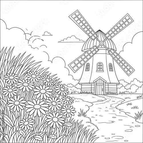 Windmill landscape vector illustration with a countryside path, blooming daisies in the foreground, grassy fields, bushes, and clouds creating a scenic rural countryside view
