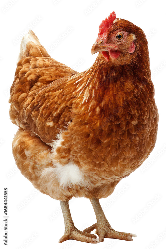 Fototapeta premium Brown hen with red comb stands isolated on transparent