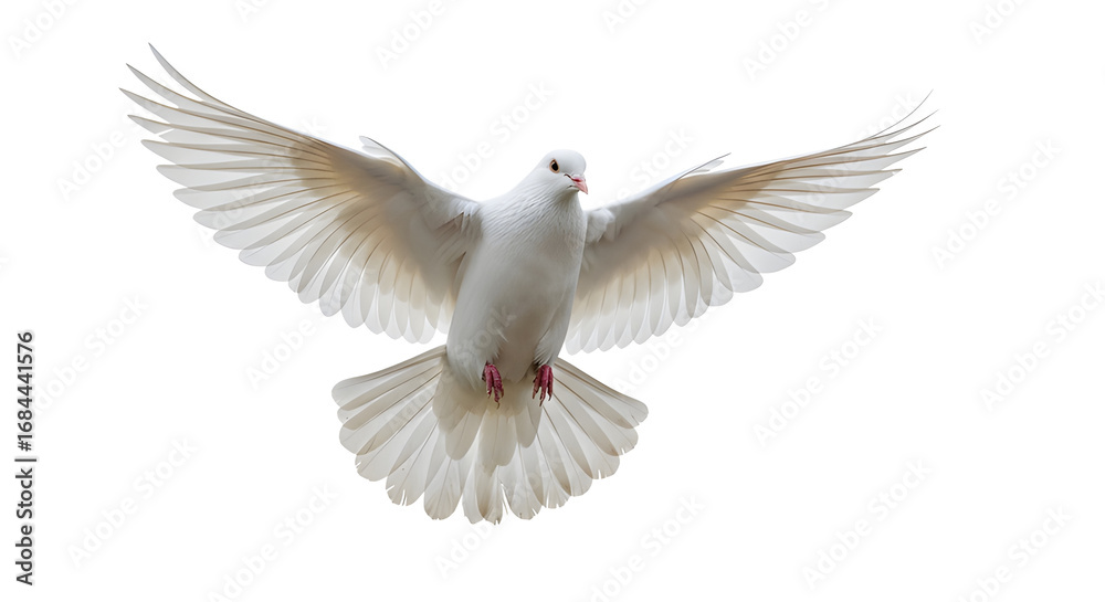 Fototapeta premium A pristine white dove in full flight with wings spread wide. The dove is captured mid-air, showcasing its grace and freedom