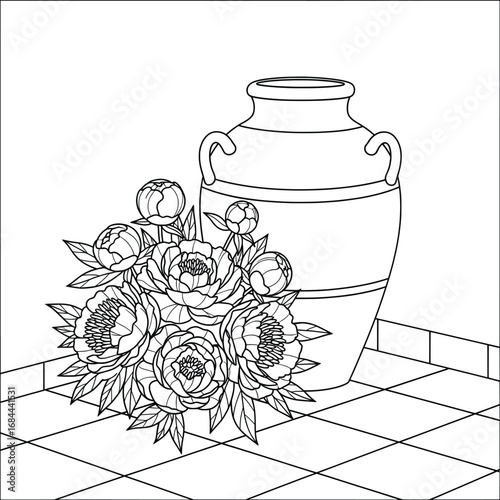 Peony bouquet vector illustration with blooming flowers and buds arranged on a tiled floor beside a large decorative ceramic vase in a simple indoor setting
