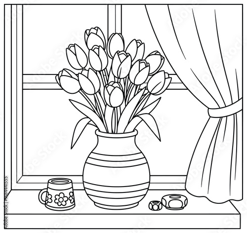 Tulip bouquet vector illustration with blooming flowers in a decorative vase placed on a windowsill beside patterned mugs and curtains drawn to the side