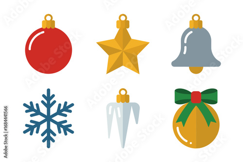Decorative Christmas ornaments vector collection, holiday baubles, star, bell, and snowflake illustrations, seasonal celebration art, winter festive design graphics