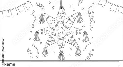 Vector art of hand drawn piata with confetti and banners for a festive mexican party celebration
