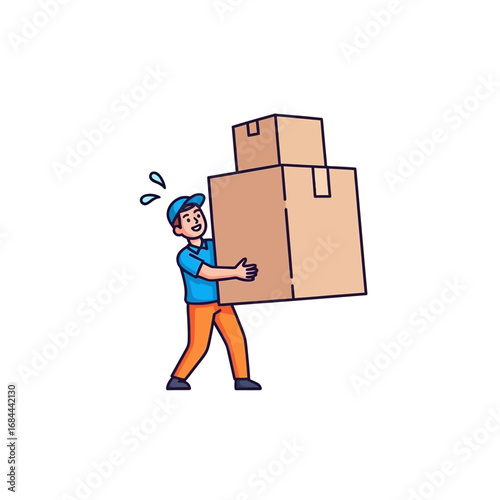 Animated delivery worker carrying large stack of boxes with effort and slight exhaustion