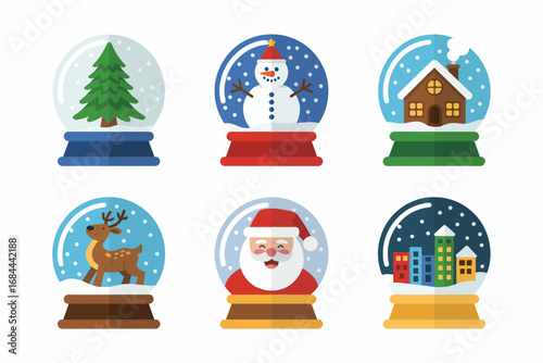 Festive globe icon collection, holiday snow domes with tree snowman house reindeer, bases and ribbons, winter decoration graphics