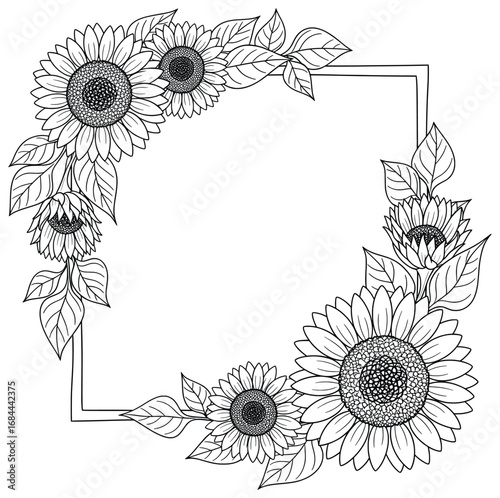 Sunflower frame vector illustration with blooming flowers, buds and leaves arranged around a square border, perfect for decorative invitations, botanical themes, celebrations, creative design