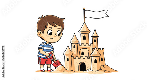 Vector art of a young boy is building a sandcastle on the beach with a shovel
