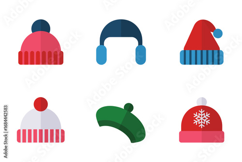 Colorful cozy hat vector collection, knitted seasonal headwear illustrations, festive pom pom caps, holiday clothing accessories, decorative warm fashion designs, cheerful art graphics