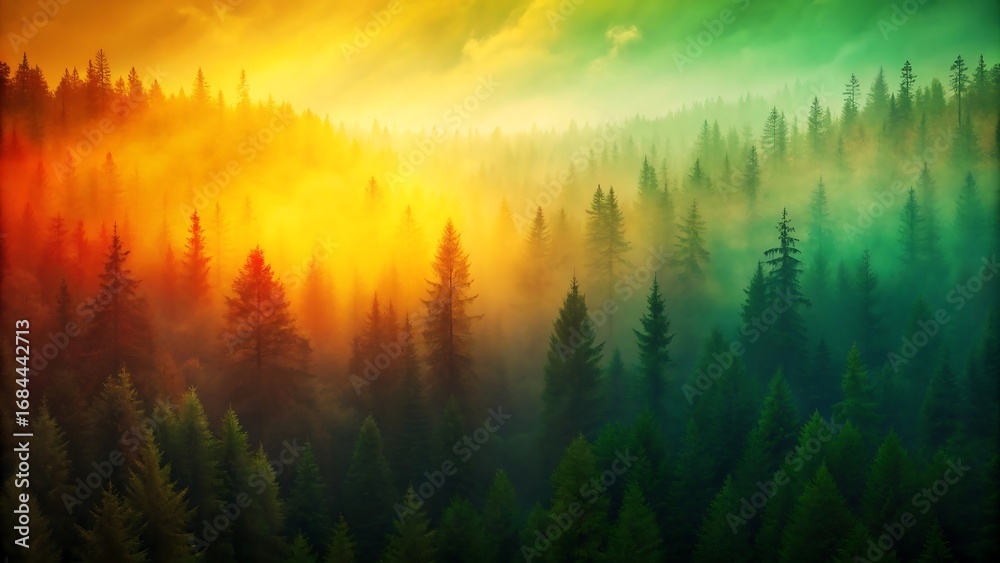Obraz premium Vibrant forest sunrise with golden light and misty trees