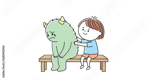 Vector art of a little girl comforts a sad monster, showing empathy and support