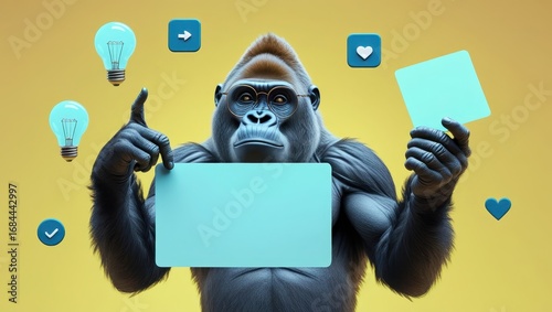 A gorilla in eyeglasses holds blank signs, surrounded by lightbulb and social media icons, against a vivid yellow backdrop.