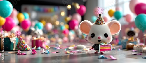 Adorable mouse at a colorful birthday party, holding a slice of cake amidst balloons and gifts