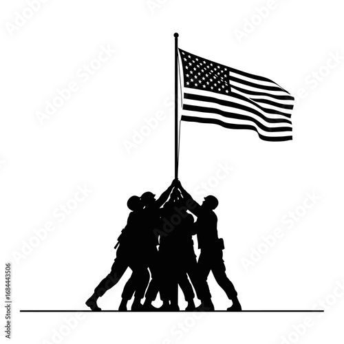Symbolic depiction of unity and strength raising united states flag in monochrome